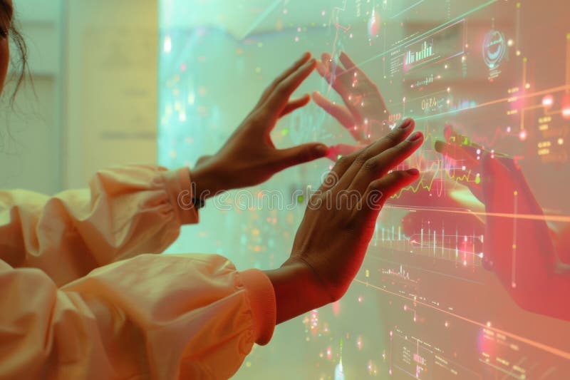 Hands Interacting with Holographic Display in Futuristic Workspace royalty free stock photos
