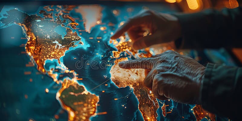 Hands interacting with illuminated digital map showing global connections and data points stock images