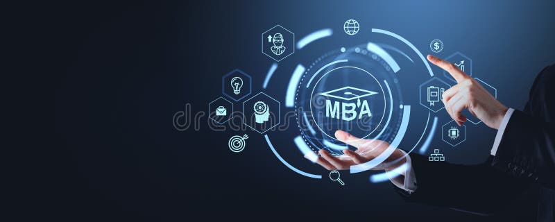 Hands interacting with MBA digital icons and graphics on a dark background royalty free stock photo