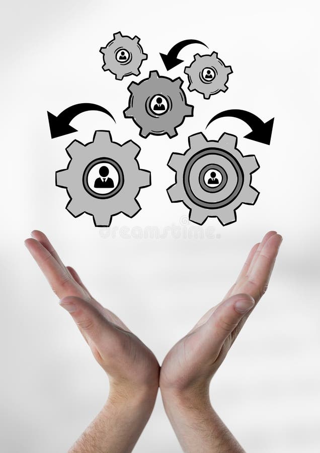 Digital composite of Hands interacting with people in cogs graphics against white background. Graphics way stock images, royalty-free photos and pictures