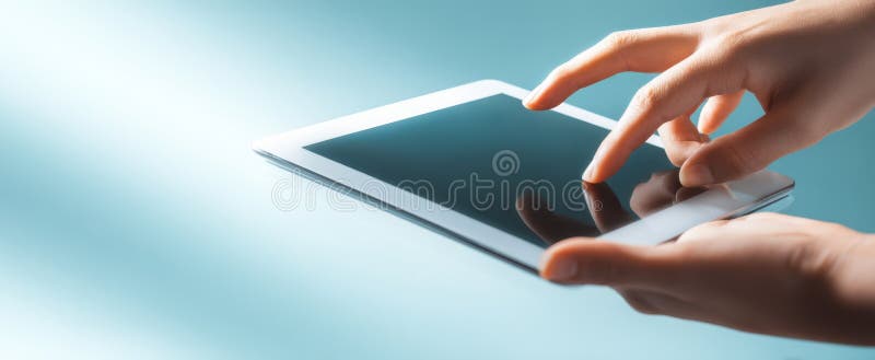 The hands interacting with a tablet device against a sleek modern background.. image royalty free stock photography.