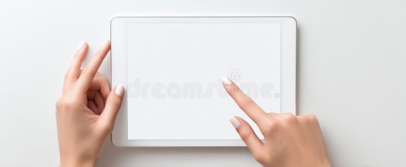 The hands interacting with a tablet device on a clean modern surface.. image stock photography.