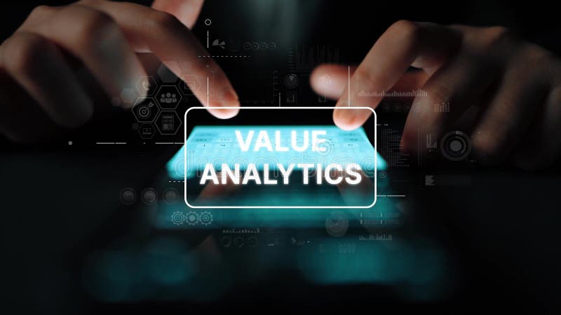 Hands Interacting with Touchscreen Device Displaying Value Analytics in a High-Tech Environment. Asymptotic smart data royalty free stock image