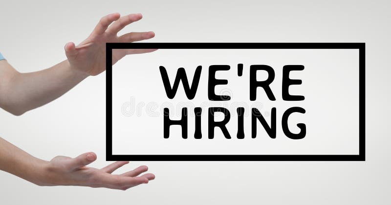 Hands interacting with we�re hiring business text against white background stock photo