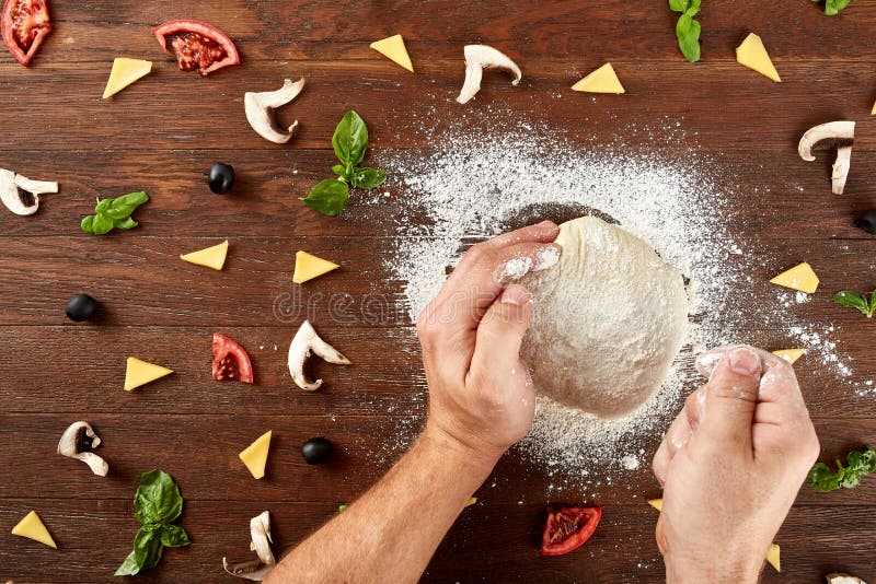 Hands Knead the Dough for Pizza Making Stock Image Image of apron