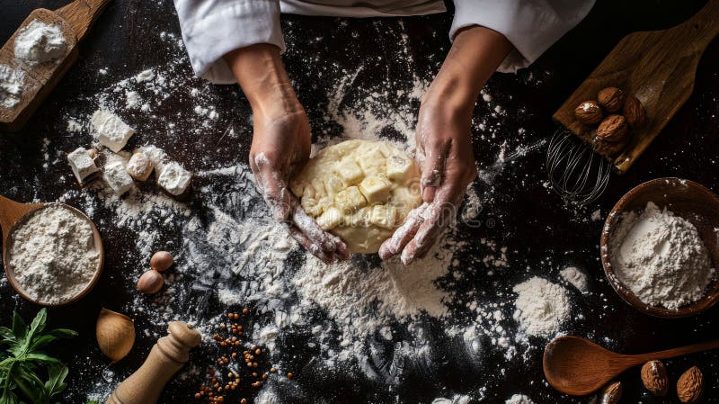 Hands kneading dough on a dark rustic surface royalty free stock image