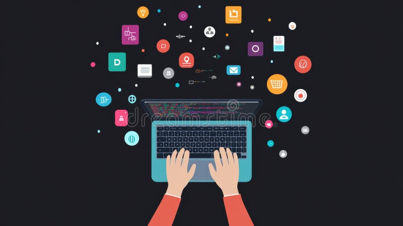 Hands on a laptop keyboard with vibrant icons floating above on a blue background. Concept of digital communication royalty free illustration