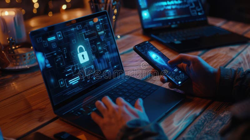 The Computer and Smartphone Security. AI generated. Hands on a laptop and smartphone with digital security interfaces displayed. AI generated image.