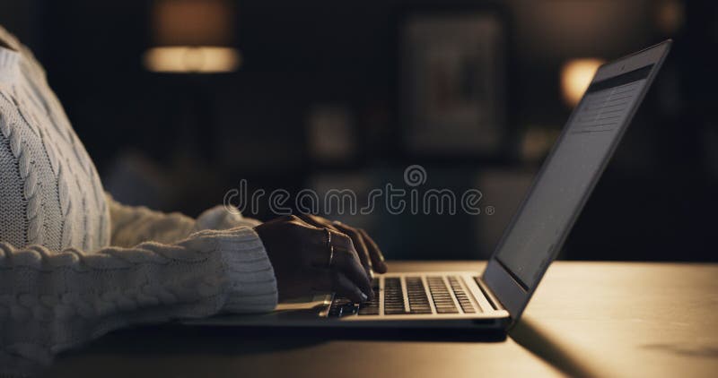 Hands, laptop and typing for remote work from home, night and project management for deadline. Person, computer and royalty free stock photography