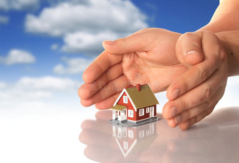 Hands and little house. Hands and little house over sky background Hands and little house. Hands and little house over sky background