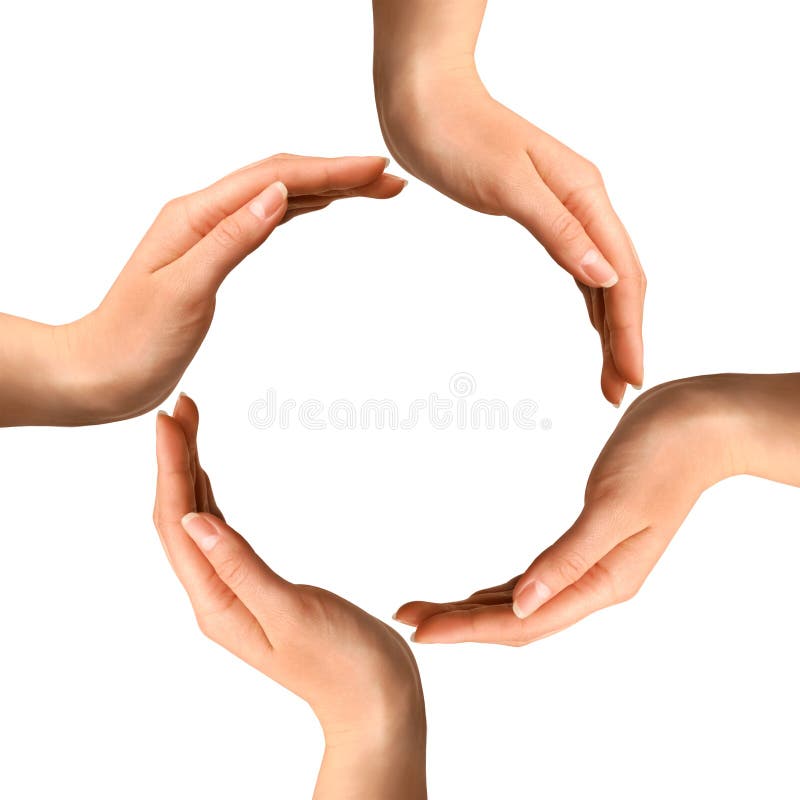 Conceptual symbol of four human hands making a circle on white background with a copy space at the centre