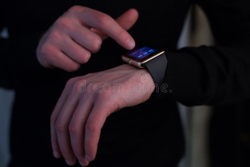 Hands of Man with Smartwatch Stock Photo Image of futuristic