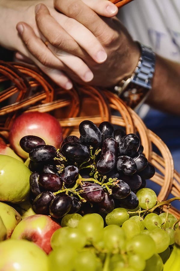 Hands of man and woman on a basket of fruit stock photos Hands of man and woman on a basket of fruit stock photos