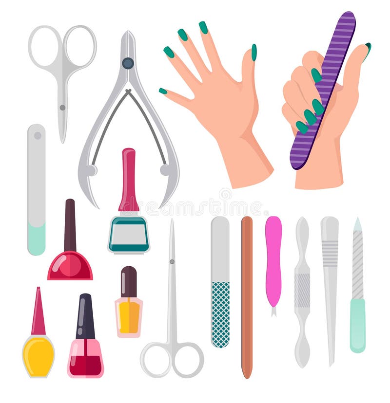 Hands with painted fingernails and manicure instruments, nail polish and fi...