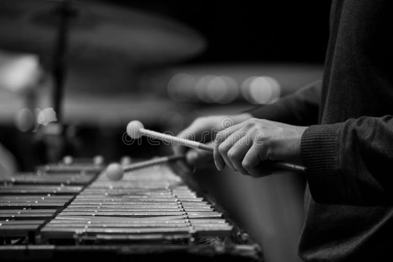 Hands musician playing the glockenspiel closeup in black and white