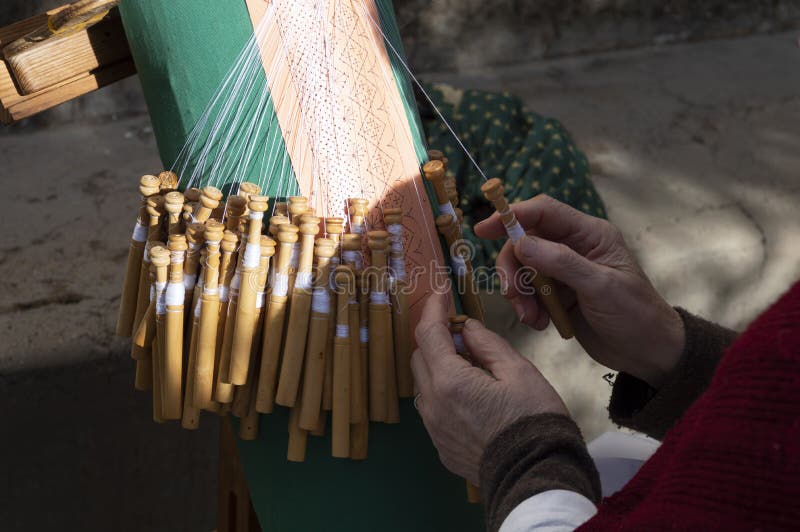 Hands of an Old Woman Knitting with Bobbins Stock Photo Image of