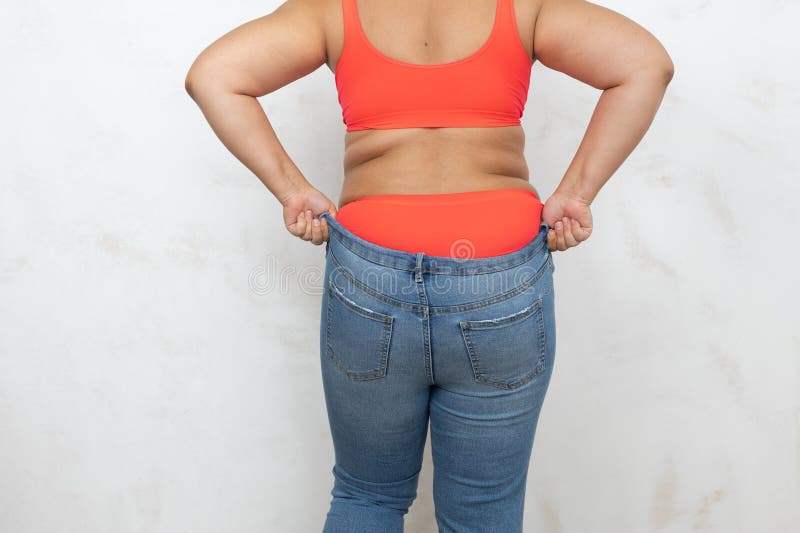 Overweight Woman Demonstrate Large Figure, Free Copy Space, White Background.  Naked Woman in Red Underwear with Stock Image - Image of female, fatty:  261417681