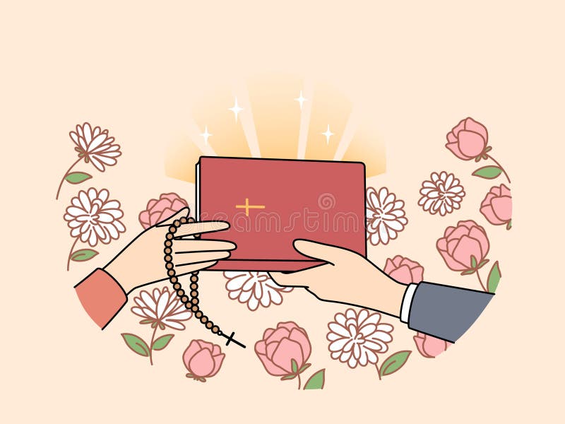 Hands of people with christian bible near flowers, during exchange of religious literature with prayers or gospel. Holy bible with crucifix on cover for those who honor orthodox or catholic faith