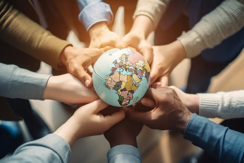 Hands of people of various races and ages joined together holding a globe. Concept of protecting the planet and the environment stock illustration