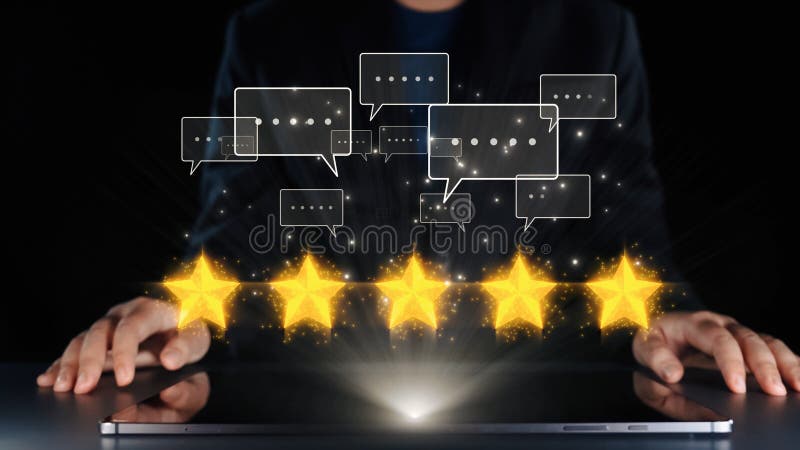Hands of a person interacting with digital elements representing customer feedback, ratings, and communication in a stock photo