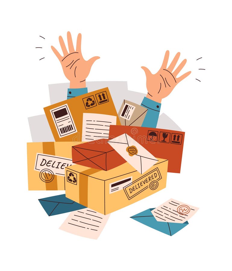 Hands in Pile of Different Things Flat Icon Parcels and Letters Stock