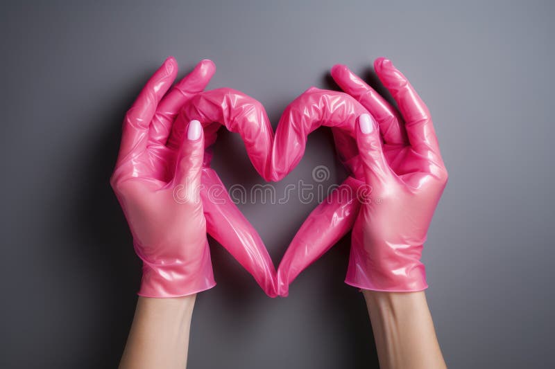 Hands in pink latex gloves hold heart. Generative AI royalty free illustration