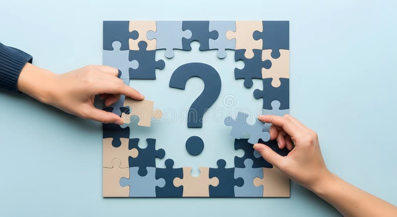 Question Mark Puzzle with Hands Adding Pieces royalty free stock images