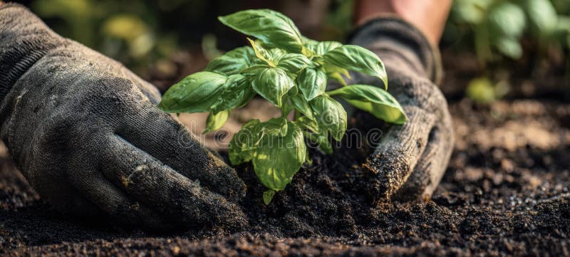 The hands planting a basil seedling in rich, dark soil for a thriving garden. image stock photos.