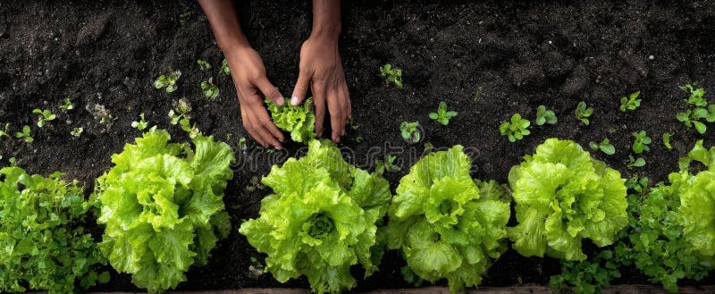 The hands planting fresh lettuce in a growing garden bed.. image royalty free stock image.