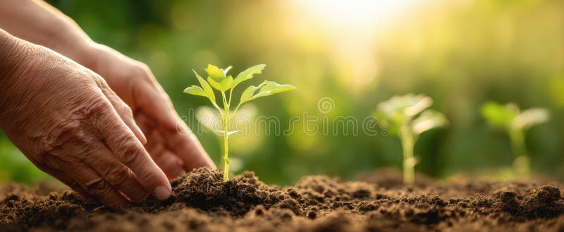 The hands planting a green seedling in rich soil under soft sunlight.. image royalty free stock photo.