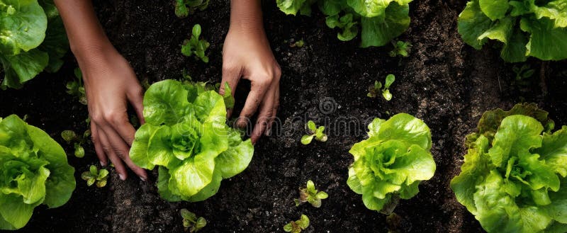 The Hands Planting Lettuce in Rich Soil for Sustainable Gardening. image stock images.