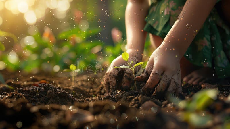 Hands planting a seedling. stock photo.