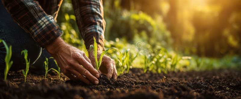 The hands planting seedlings in rich soil during golden hour sunlight. image royalty free stock images.