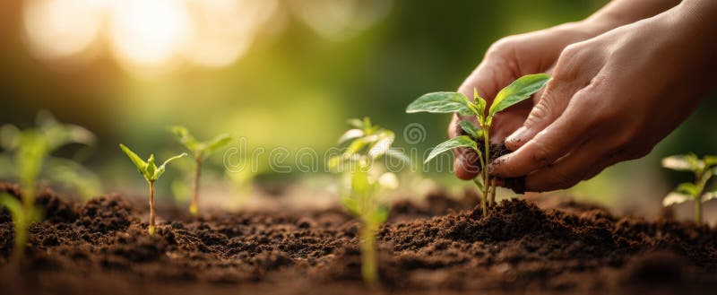 The hands planting seedlings into rich soil for sustainable growth. image royalty free stock photo.