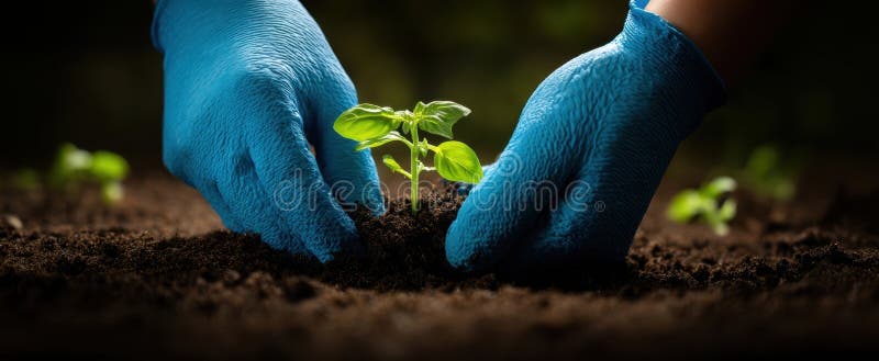 The hands planting a small seedling in rich dark soil.. image royalty free stock image.