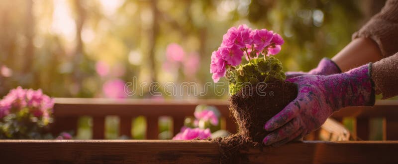 The hands planting vibrant pink flowers in a sunny garden setting.. image stock images.