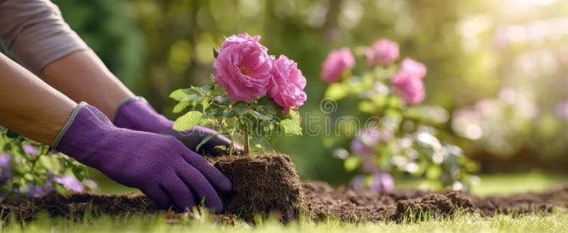 The hands planting vibrant pink roses in a sunlit garden scene.. image royalty free stock image.