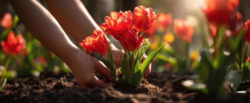 The Hands Planting Vibrant Red Tulips in a Sunny Garden Setting. image stock photos.