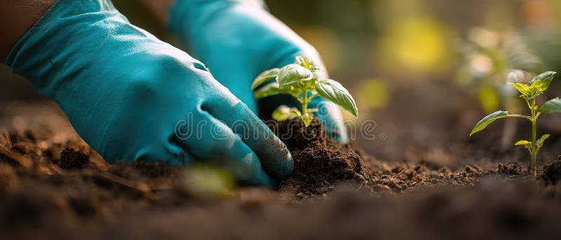 The hands planting a young green seedling in rich soil outdoors. image stock photo.