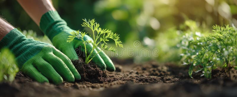 The hands planting a young seedling in rich soil under sunlight.. image stock image.