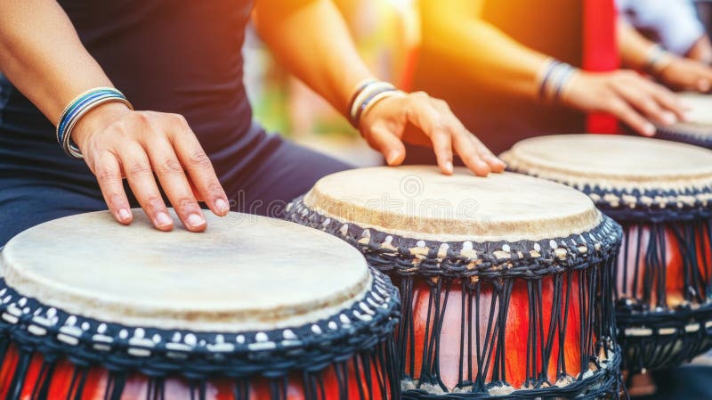 Hands playing african drums outdoors with sunlight stock photo
