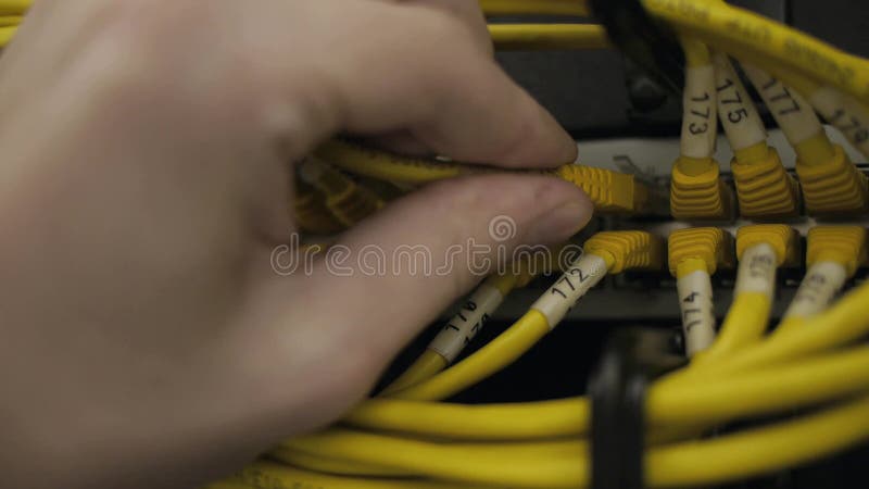 Hands plug in the yellow ethernet cable stock footage