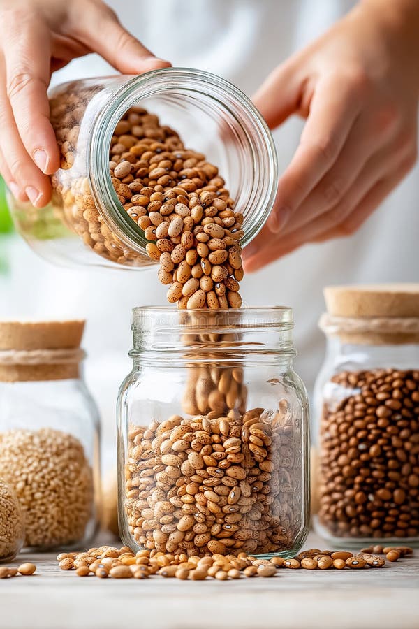Hands pouring seeds from glass jar into another container. Bright kitchen setting with clear jars showcasing diverse stock photos