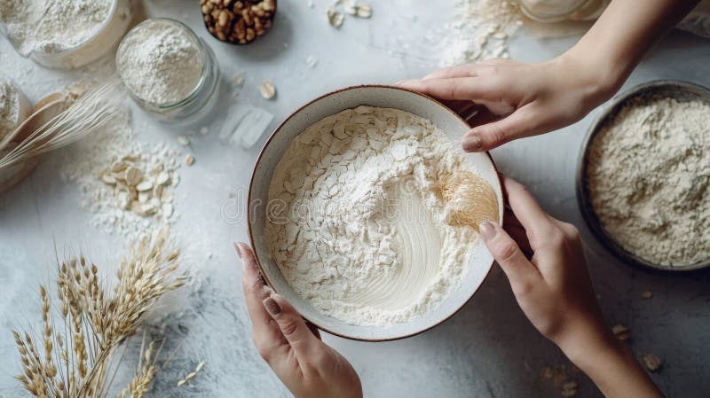 Hands preparing flour in rustic baking setting royalty free stock image