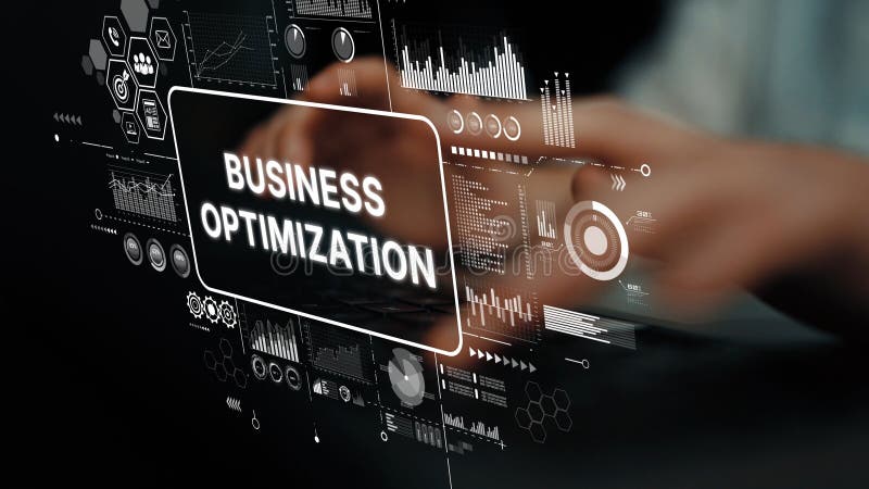 Hands of a professional interacting with a digital interface for business optimization and analytics in a modern royalty free illustration