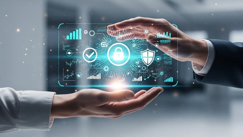 Hands Protecting Digital Security Shield and Lock Interface with Data Icons Keywords: security, digital, protection stock illustration