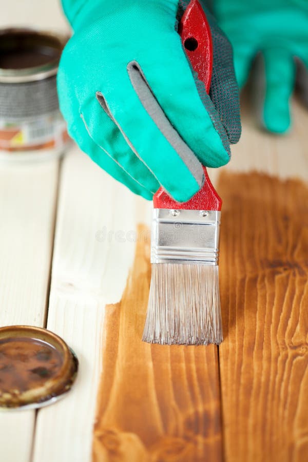Hands in Protective Gloves Painting Wood Board Stock Photo Image of