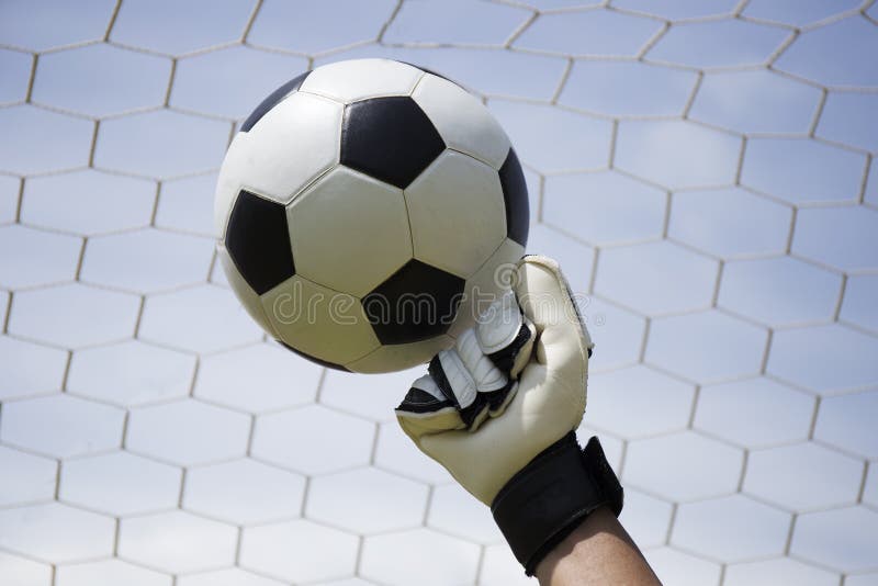 Goalkeeper Punching the Ball of the Post Stock Photo Image of active