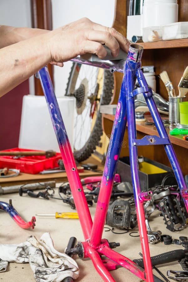 Hands of Real Bicycle Mechanic Sanding Frame Bike Stock Image Image