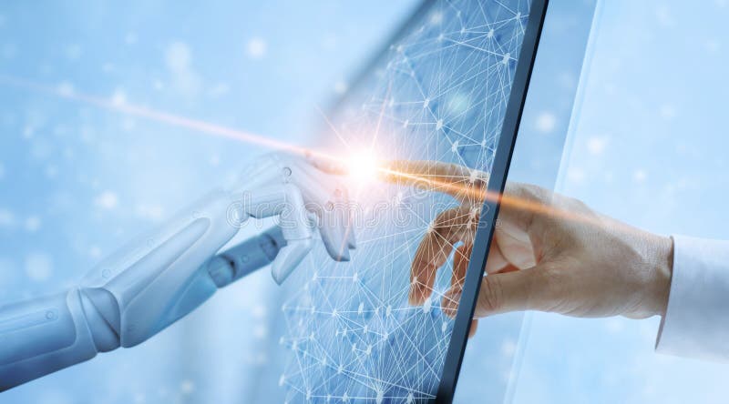 Hand of robot and human touching on global virtual network royalty free stock photography